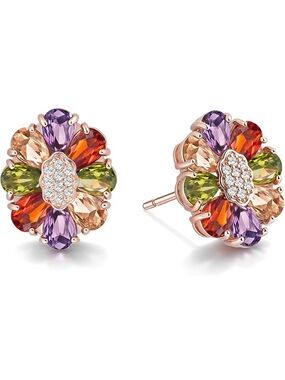 Multicolor Floral Crystal Stud Earrings - Rose Gold